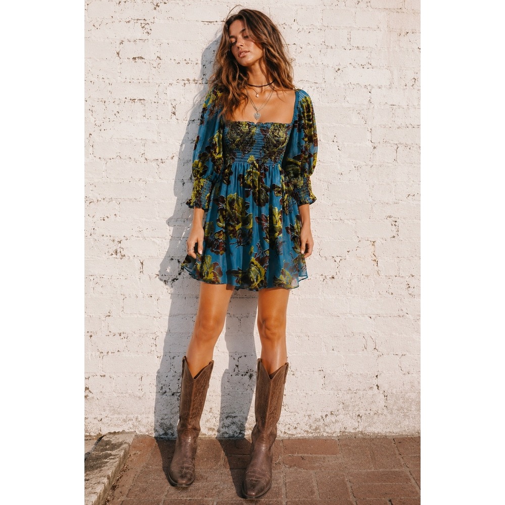 Betsey Johnson Teal Velvet Burnout Puff Sleeve Floral Silk Babydoll Dress M - Picture 1 of 10